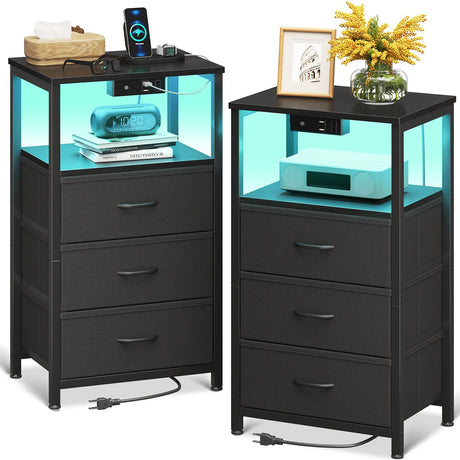 Casaottima Night Stand Set 2, Bedside Tables with Charging Station, LED Nightstand with Fabric Drawers, End Tablewith Open Shelf, Small Nightstand for Bedroom, Black Casaottima