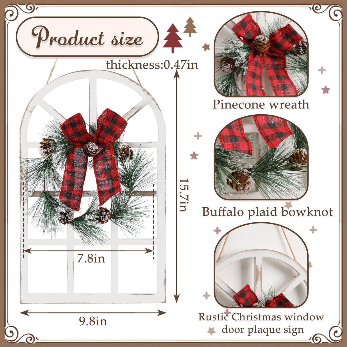 NEWLIGHTURE Wood Christmas Holiday Wall Hanging Indoor Outdoor Decorations Rustic Christmas Window Plaque Signs Wooden Arch with Wreath Christmas Home Party (Red-Black) NEWLIGHTURE