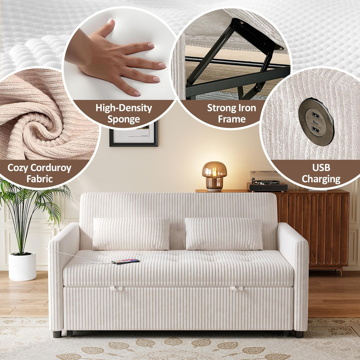 UXENAFANA Sofa Bed, Loveseat 3-in-1 Sleeper Sofa with Pull Out Bed, Pockets and USB, Modern 2 Seater Convertible Small Couch for Living Room Bedroom Apartment (Beige, Corduroy) UXENAFANA