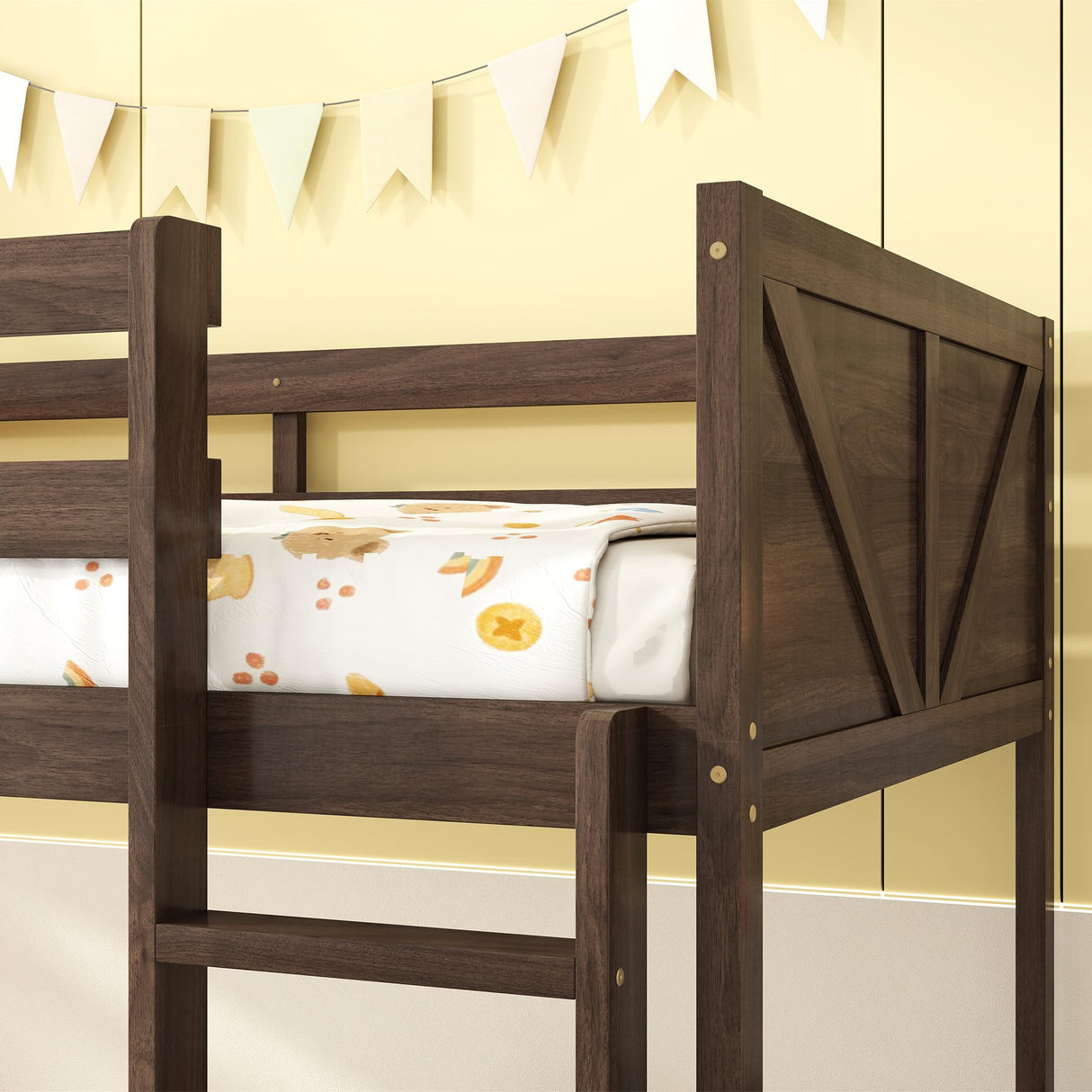 jurmiture Bunk Bed Twin Over Twin Low Bunk Bed, Floor Bunkbeds with Panelled Headboard and Footboard, Solid Rubber Wood Foundation with Safety Guardrails, Built-in Ladder, Antique Oak jurmiture