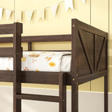 jurmiture Bunk Bed Twin Over Twin Low Bunk Bed, Floor Bunkbeds with Panelled Headboard and Footboard, Solid Rubber Wood Foundation with Safety Guardrails, Built-in Ladder, Antique Oak jurmiture