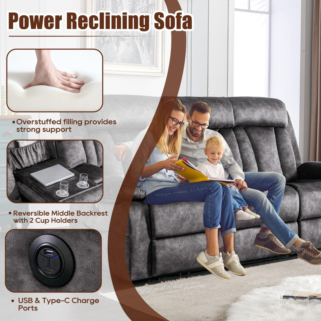 GUEAPY 3 Seater Power Reclining Sofa with Heat & Massage, Drop Down Table with Cup Holders, USB & Type-C Ports, Dutch Velvet Recliner Couch for Living Room, Home Theater & RV, Independent Controls GUEAPY