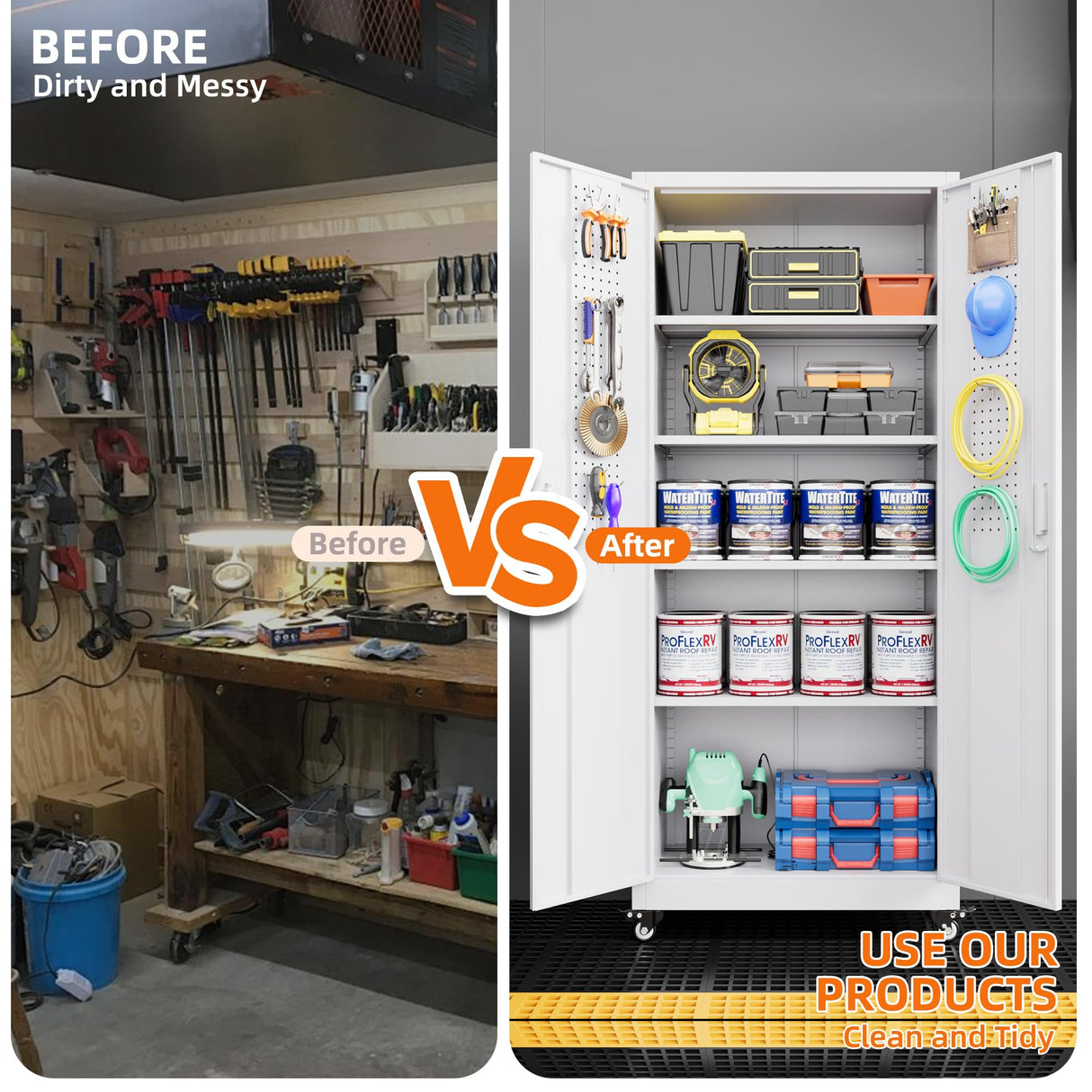 Aobabo 73" H Metal Storage Cabinet with Wheels for Garage, Locking Steel Storage Cabinet with 4 Shelves and Hooks, for Home Office, White, Assembly Required Aobabo