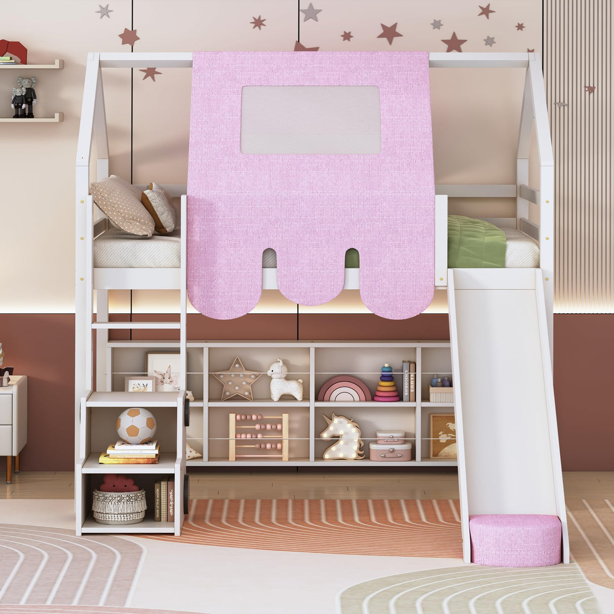 BEDGJH Twin Size Loft Bed, House Shaped Solid Wood Loft Bed with Tent, Slide and Functional Ladder for Kids, Girls & Boys (White+Pink, Twin) BEDGJH
