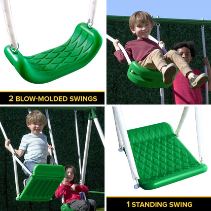 Sportspower Park Ridge Metal Swing Set: 2 Swings/Standing Swing, 2 Person Roman Glider Swing, Teeter Totter and 5' Wavy Slide, EXCEEDS ASTM Safety Standards *Bonus 4pc Anchor Kit*