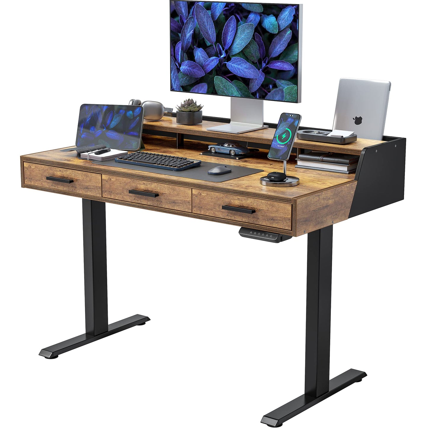 FEZIBO Electric Standing Desk with Drawers, 48x24 Inch Standing Desk Adjustable Height, Stand Up Desk with Monitor Shelf, Sit Stand Home Office Desk, Rustic Brown - WoodArtSupply