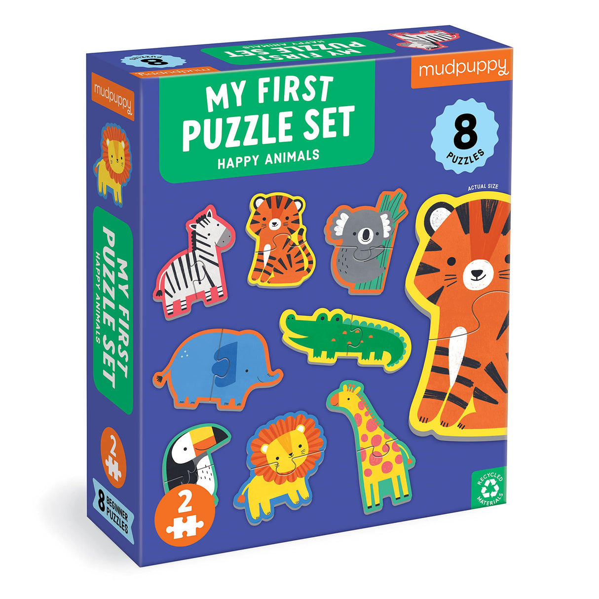 Mudpuppy Happy Animals – My First 2-Piece Puzzle Includes 8 Popular Animal Shaped Puzzles with Pattern Shape and Color Recognition for Children Ages 2-4 Mudpuppy