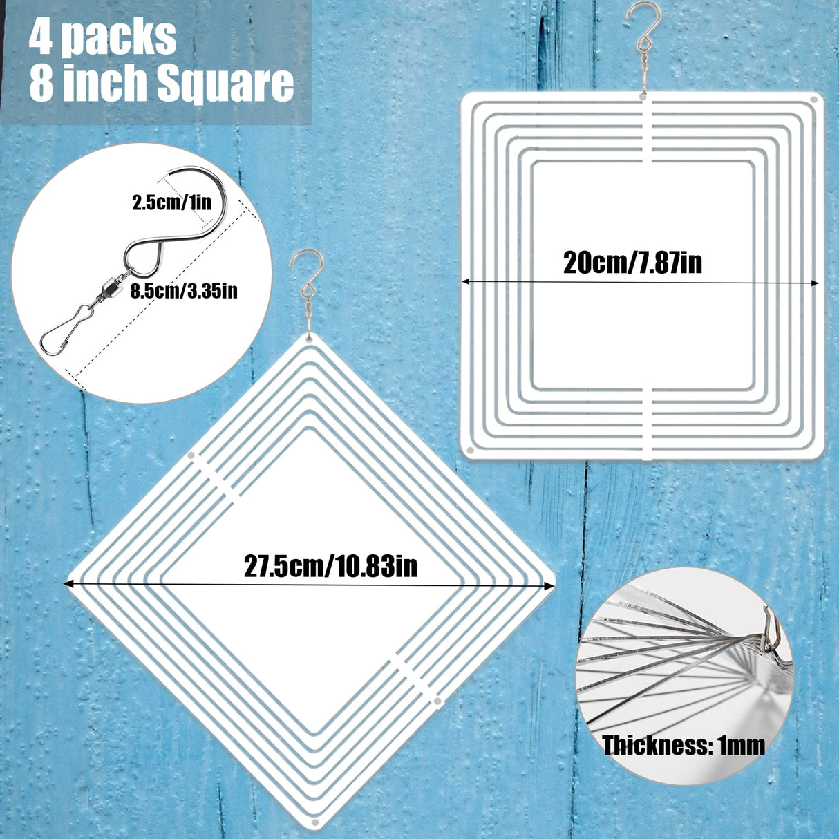 WindMage 4Pack 8inch Sublimation Wind Spinner Blanks 3D Aluminum Metal Wind Sculpture Kinetic Spinners for Yard and Garden Indoor Art Ornaments Hanging Decoration (Square) WindMage