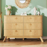 HUAHUU 6 Drawer Rattan Dresser for Bedroom, 43'' Fluted Modern Wooden Dresser with Metal Handles&Wood Legs, Curved Profile Design, Boho Chest of Drawers for Bedroom, Living Room, Natural HUAHUU