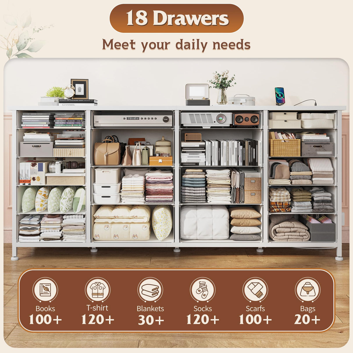 EnHomee 63" W 18 Drawers Dresser with LED Lights & Power Outlets Long Dresser for 65" TV Stand for Bedroom Large Fabric Dressers & Chests of Drawers for Bedroom, Sturdy Metal Frame (White) EnHomee