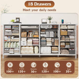 EnHomee 63" W 18 Drawers Dresser with LED Lights & Power Outlets Long Dresser for 65" TV Stand for Bedroom Large Fabric Dressers & Chests of Drawers for Bedroom, Sturdy Metal Frame (White) EnHomee