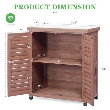 Outdoor Potting Bench with Storage Cabinet and Metal Top, Wood Workstation for Outdoor Patio, Garden (Dark Brown, 31x17x36‘’) Wood-Natrl