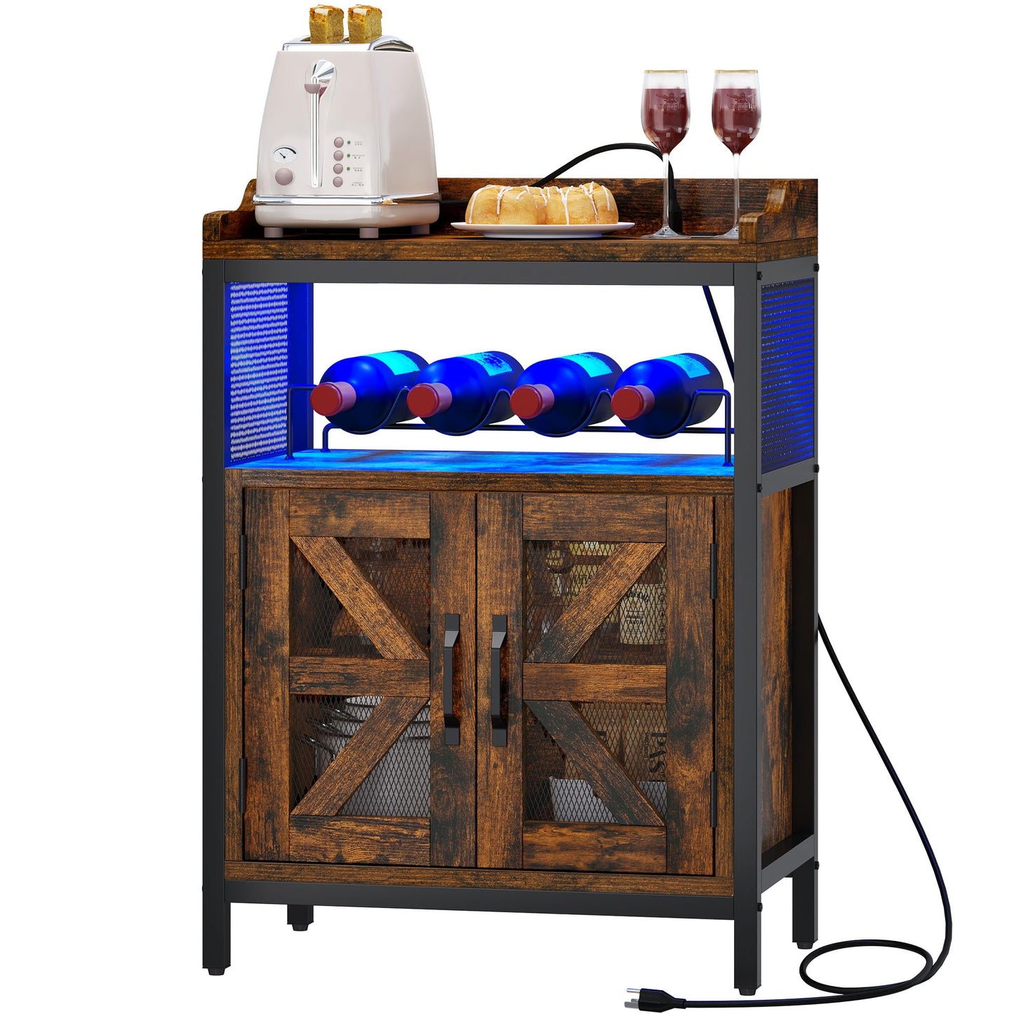 DWVO Wine Cabinet with Led Lights & Outlets, 32.8" Small Liquor Cabinet with Wine Rack, Coffee Bar Cabinet with Visual X Barn Door for 200 lbs for Kitchen, Dining & Living Room, Rustic Brown - WoodArtSupply