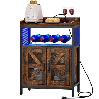 DWVO Wine Cabinet with Led Lights & Outlets, 32.8" Small Liquor Cabinet with Wine Rack, Coffee Bar Cabinet with Visual X Barn Door for 200 lbs for Kitchen, Dining & Living Room, Rustic Brown - WoodArtSupply