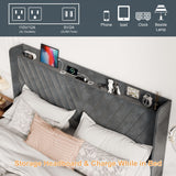 SUNLEI Bed Frame with Wingback Storage Headboard, Queen Size Bed Frame with Charging Station and Velvet Fabric, Strong Wood Slats, Easy Assembly, No Box Spring Needed, Light Grey SUNLEI