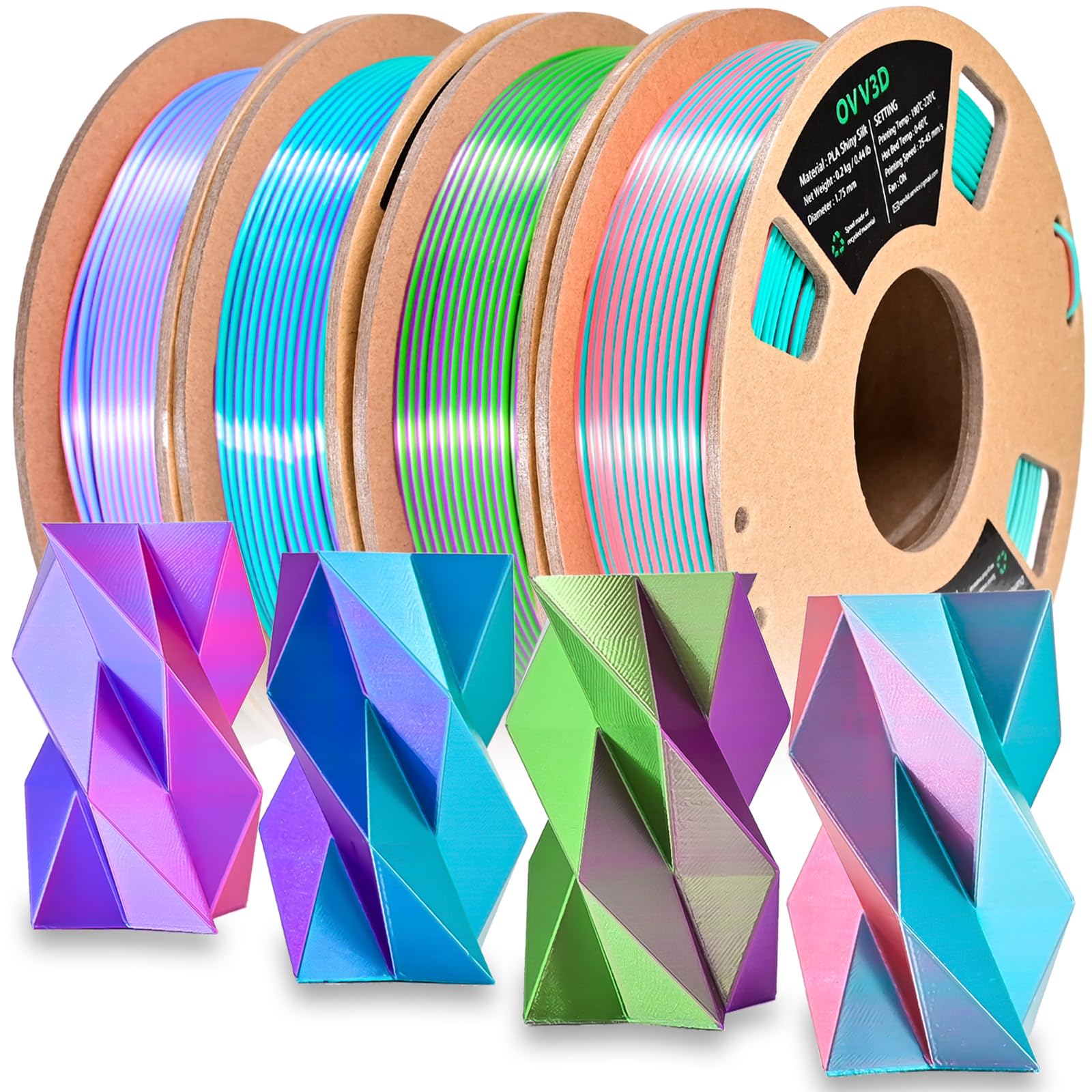 OVV3D 3D Printer Filament, PLA Filament 1.75mm Bundle, Dual Color Filament, Coextrusion 3D Filament, Silk PLA, 3D Printing Filament +/-0.02mm, 200g X 4 Spool - WoodArtSupply