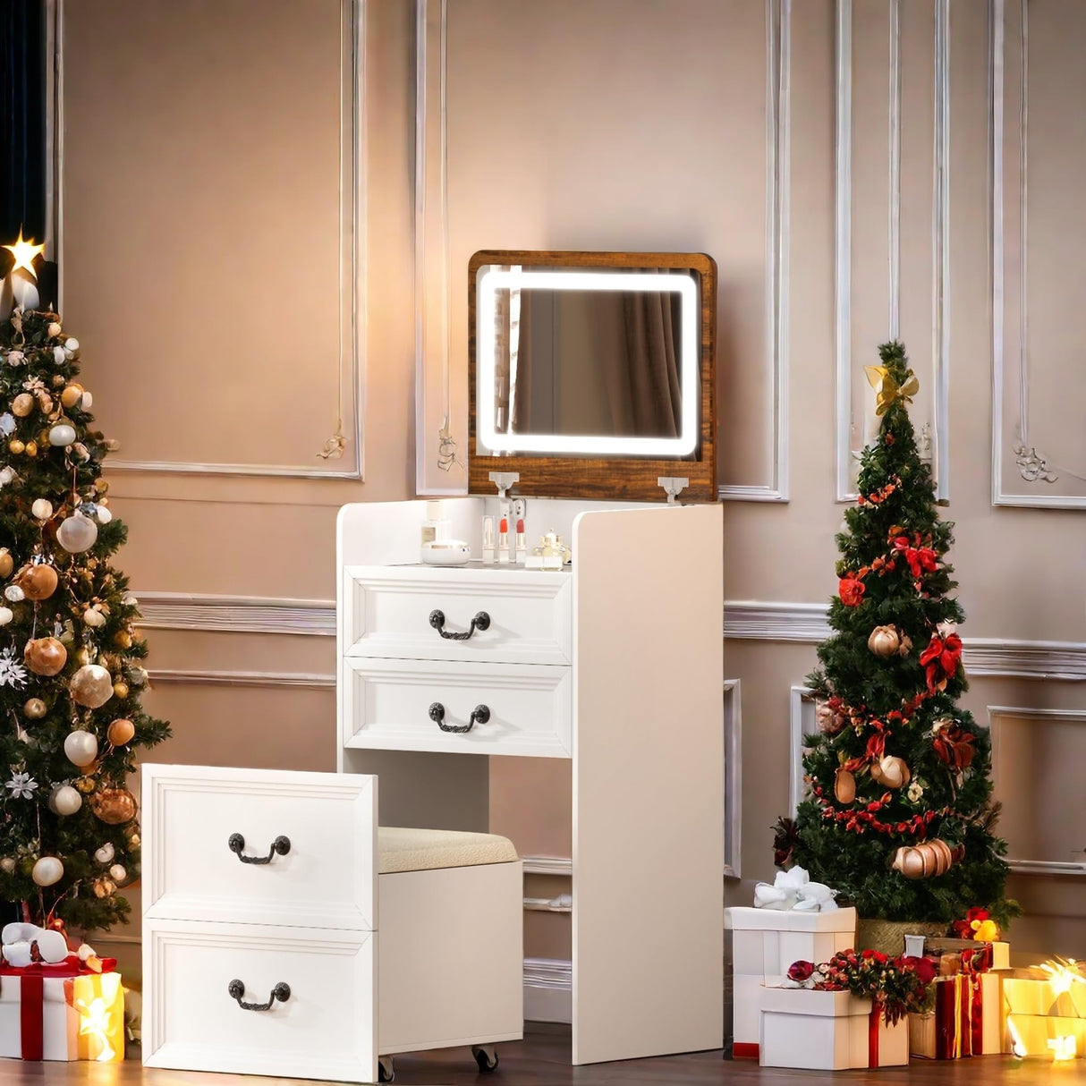 FONTOI Vanity Desk, 3 in 1 Vanity Desk with Hidden Chair, Farmhouse Vanity with Mirror and Lights, Small Makeup Vanity with Charging Station Storage Shelf for Bedroom, White & Brown FONTOI