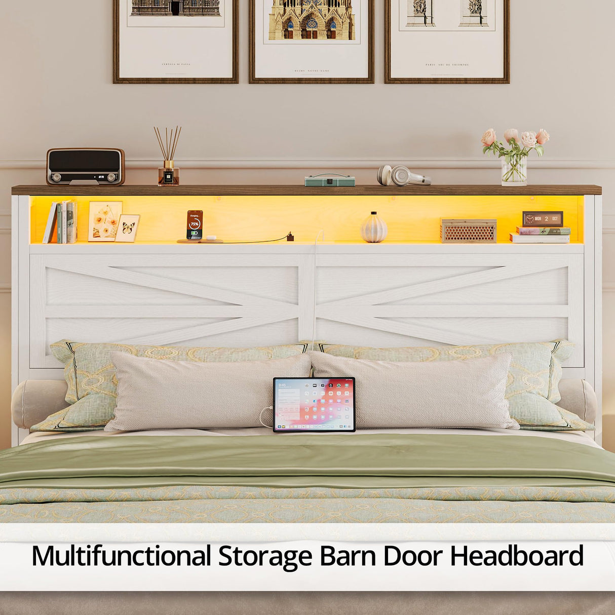 IRONCK Farmhouse Full Size Bed Frame with LED Light and Charging Station, Wood Bed Frame with Storage Headboard and 2 Drawers， Barn Door Design, Sturdy and Noiseless, White IRONCK