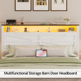 IRONCK Farmhouse Full Size Bed Frame with LED Light and Charging Station, Wood Bed Frame with Storage Headboard and 2 Drawers， Barn Door Design, Sturdy and Noiseless, White IRONCK