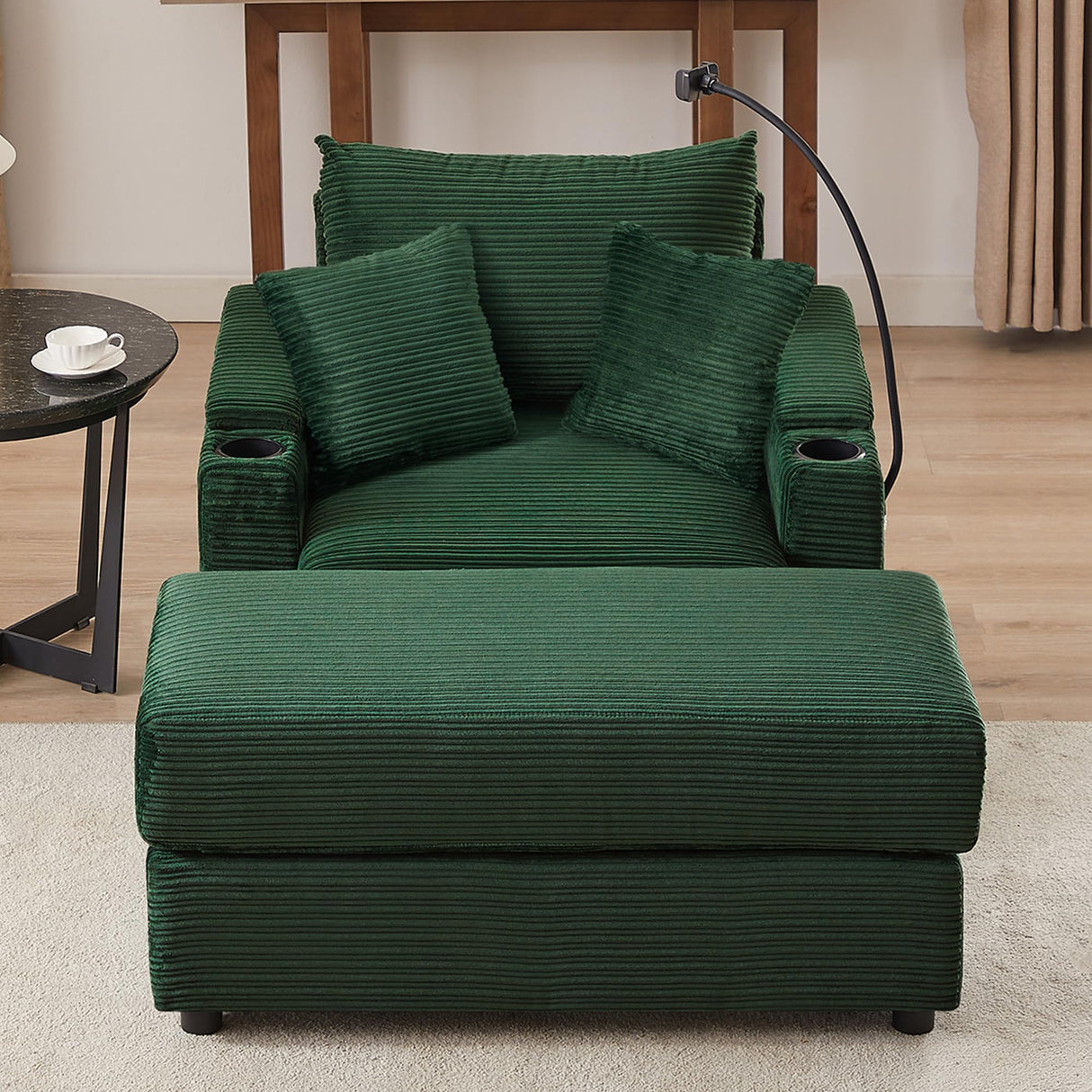 Merax Modern Corduroy Single Sofa with Ottoman, Two USB Ports & Cup Holders, Small Couch with Pillows & Phone Holder for Living Room Green Merax