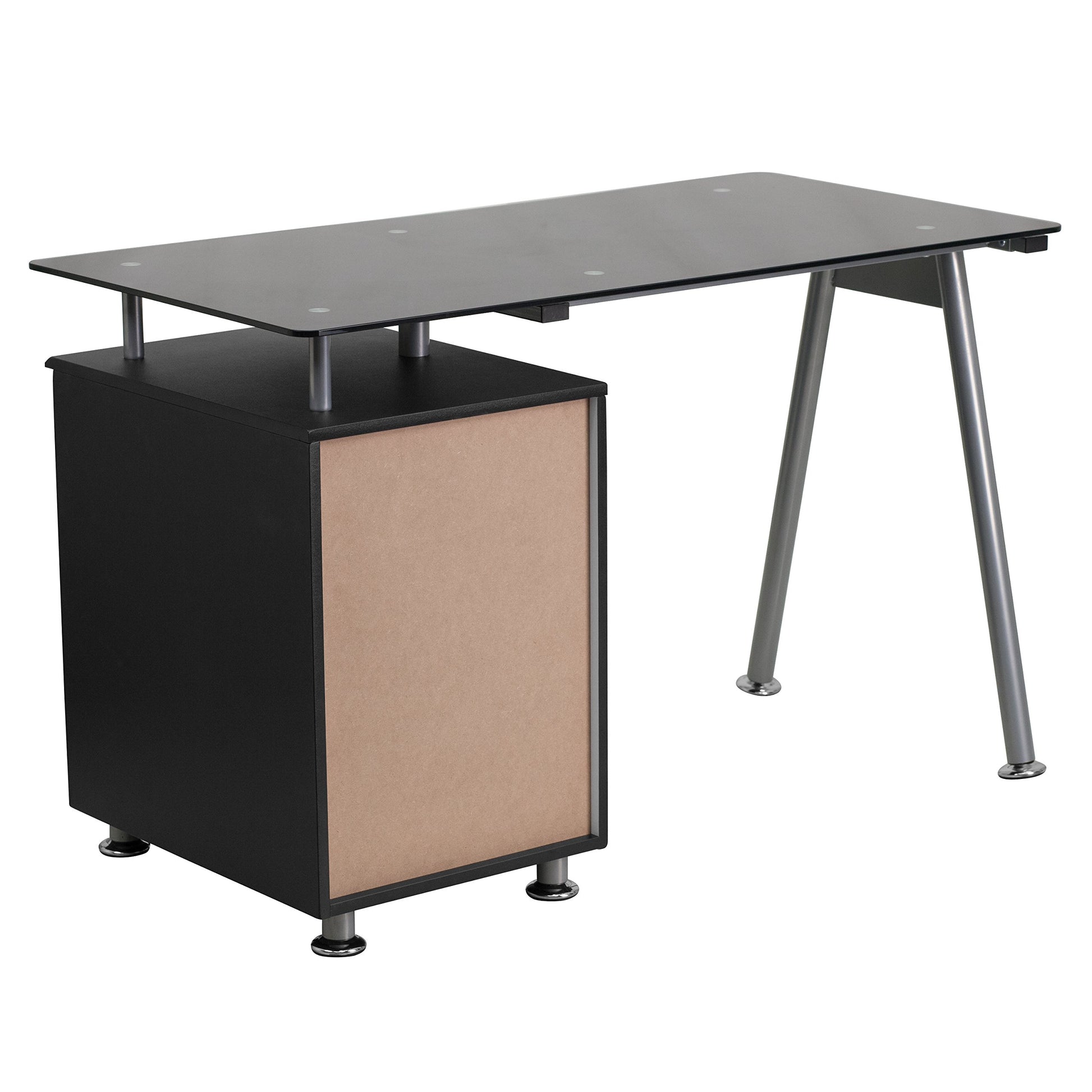 EMMA + OLIVER Black Glass Computer Desk with Three Drawer Pedestal - WoodArtSupply