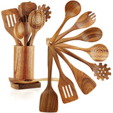 FJNATINH Wooden Spoons for Cooking, 10 Pcs Teak Wooden Cooking Utensil Set with Holder, Wooden Kitchen Utensils Set for Nonstick Pans & Cookware FJNATINH
