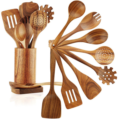 FJNATINH Wooden Spoons for Cooking, 10 Pcs Teak Wooden Cooking Utensil Set with Holder, Wooden Kitchen Utensils Set for Nonstick Pans & Cookware FJNATINH