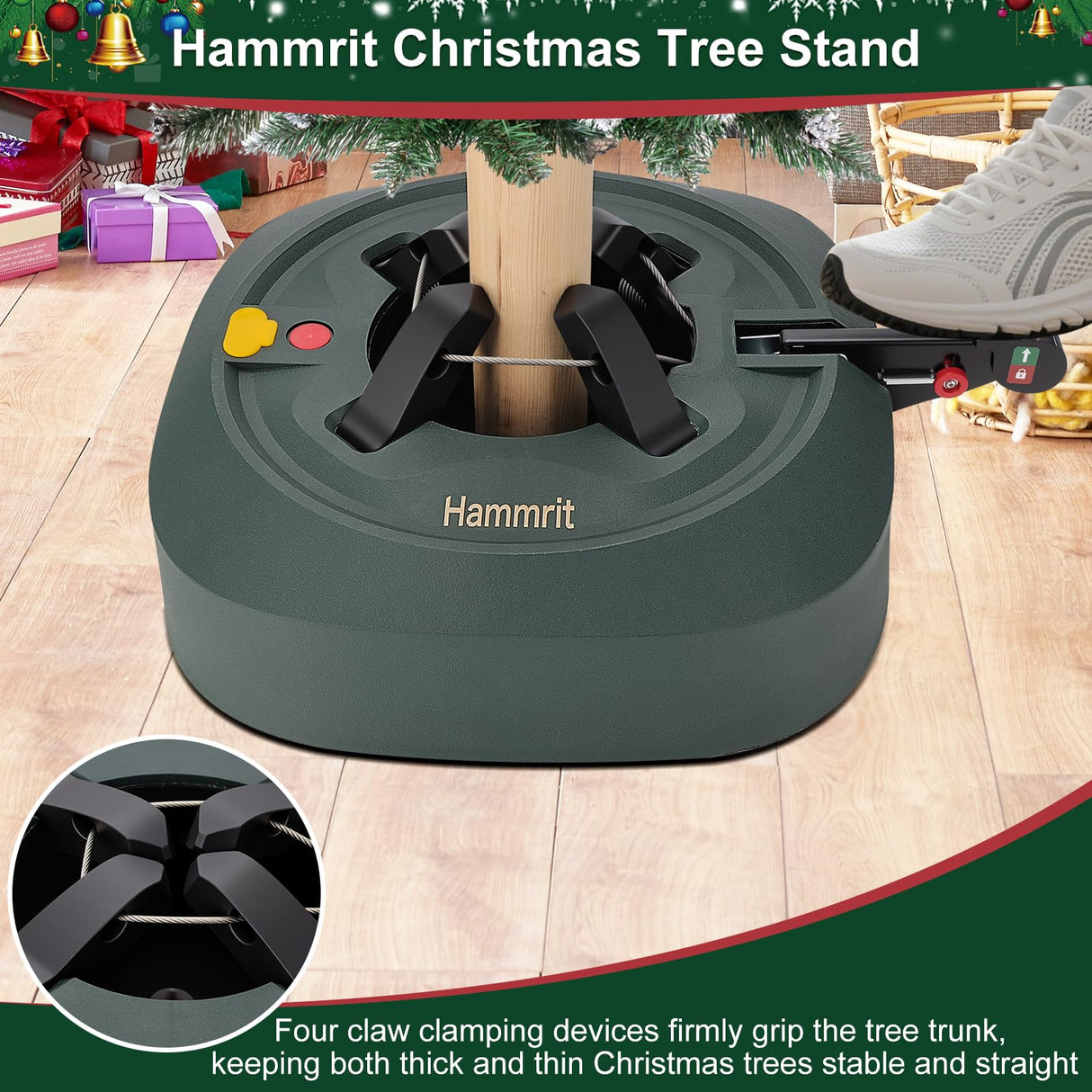Christmas Tree Stand for Real Trees, Heavy Duty Live Christmas Tree Stand with Reservoirs, Fits Trees up to 7.5 Ft (1.2-5 In Diameter), No Assembly Required Real Christmas Tree Base Foot Press Hammrit