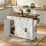 RALGEND Kitchen Island with Drop Leaf, Kitchen Cart with Charging Station, Kitchen Table with Storage, Rolling Island Table with 3 Drawers, Towel Rack and Spice Rack, White and Walnut RALGEND