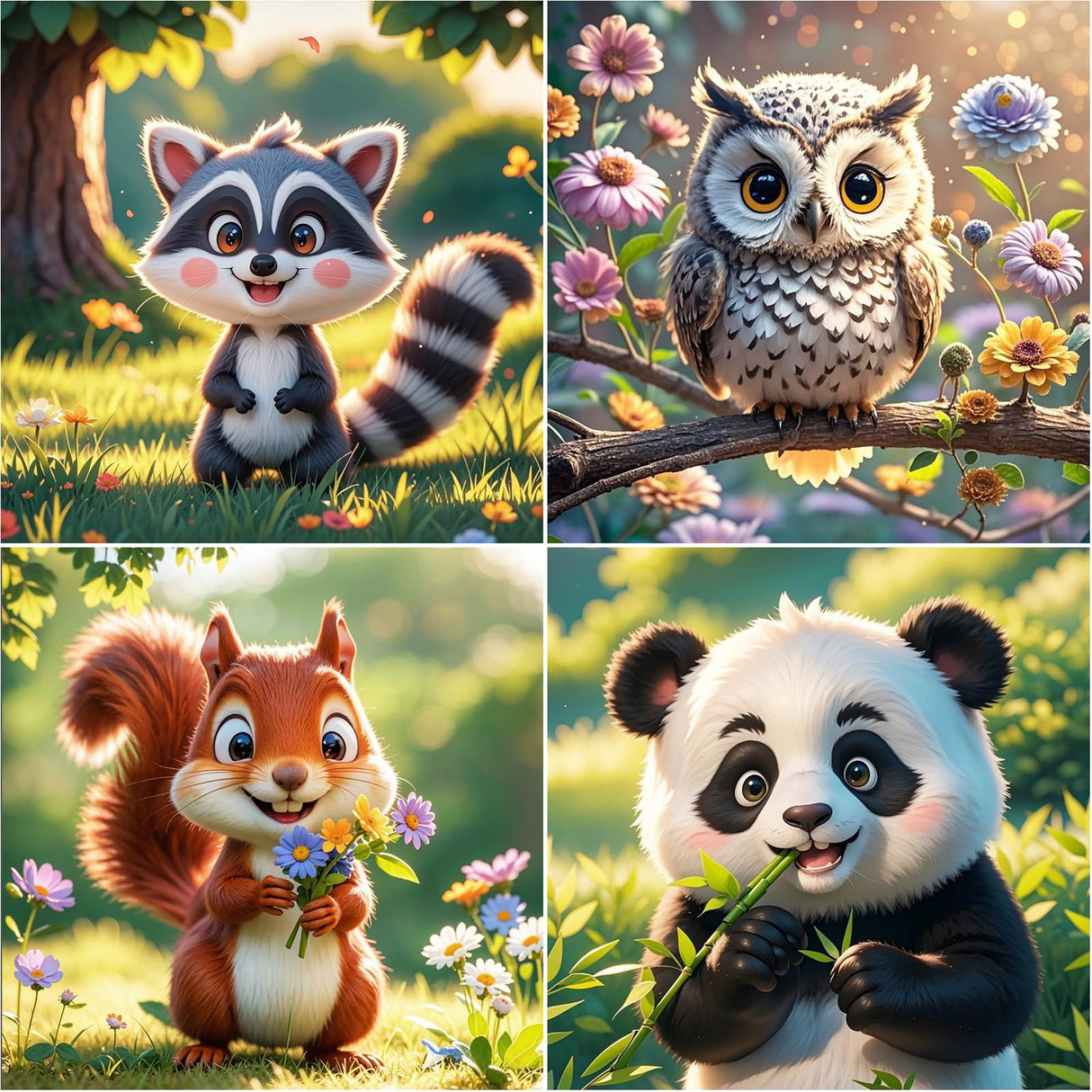 UPINS 4 Pack Cartoon Diamond Art Kits, 6 x 6 Inch Cute Animals DIY Diamond Arts Painting Kits for Adults Beginner Full Round Drill Gem Art for Home Wall Decor Present UPINS