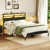 Furnulem Queen Bed Frame with Headboard & 2 Fabric Drawers, Bed Frame Queen Size Featuring LED Lights, Built-in Charging Station & Storage Shelves, Metal Slats, No Box Spring Needed – Black Oak Furnulem