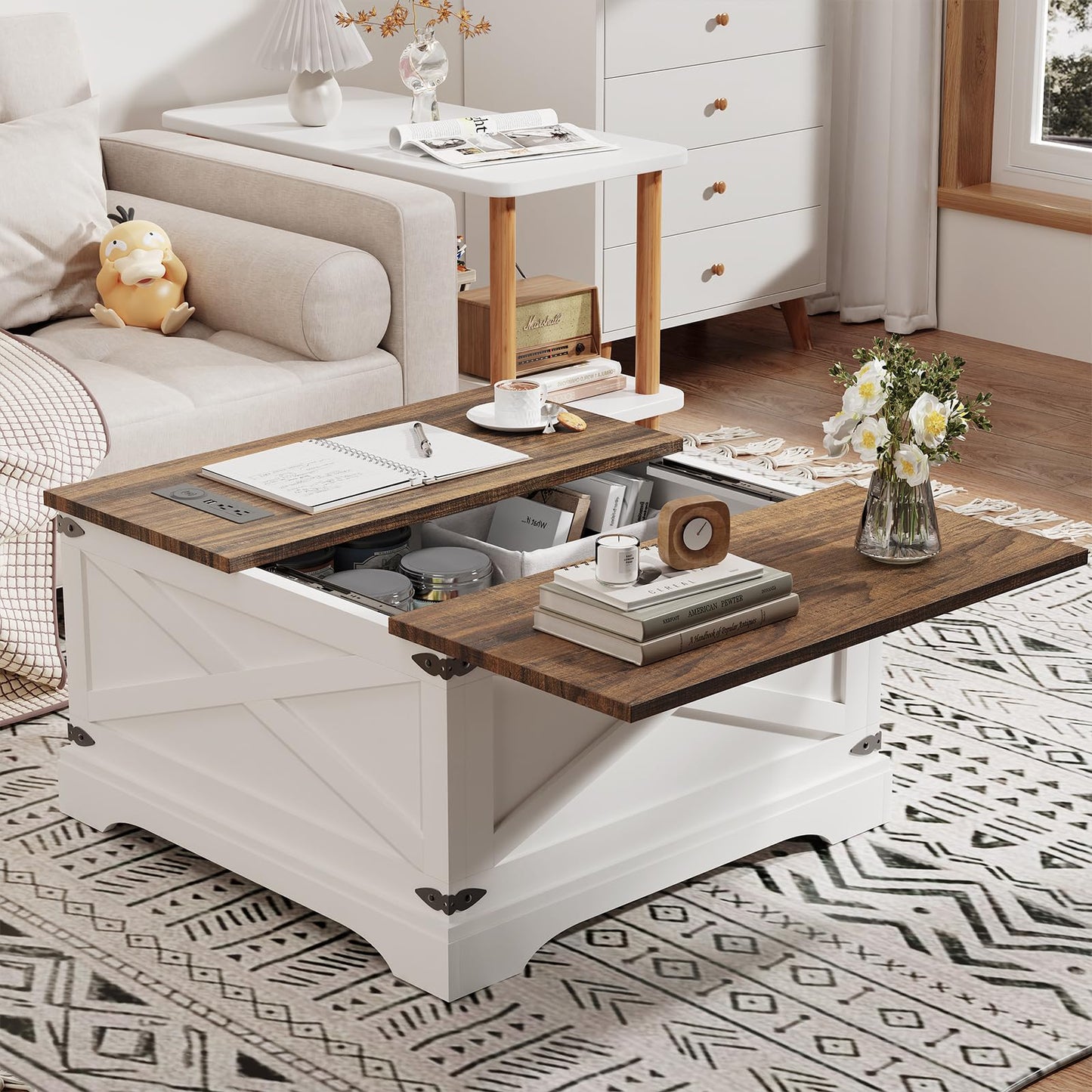 BROTTAR Lift Top Coffee Table with Storage, Square Coffee Table for Living Room with Wireless Charging, Farmhouse Coffee Table with Large Hidden Storage, White, 31.5" - WoodArtSupply