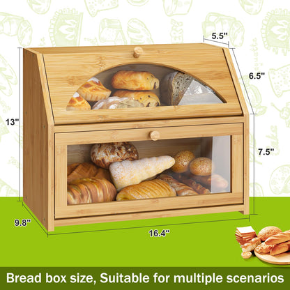 Bamboo Bread Box for Kitchen Bread Storage And Organizer Farmhouse Countertop Bread box Double Layer Bamboo Wooden Extra Large Capacity(Natural) - WoodArtSupply