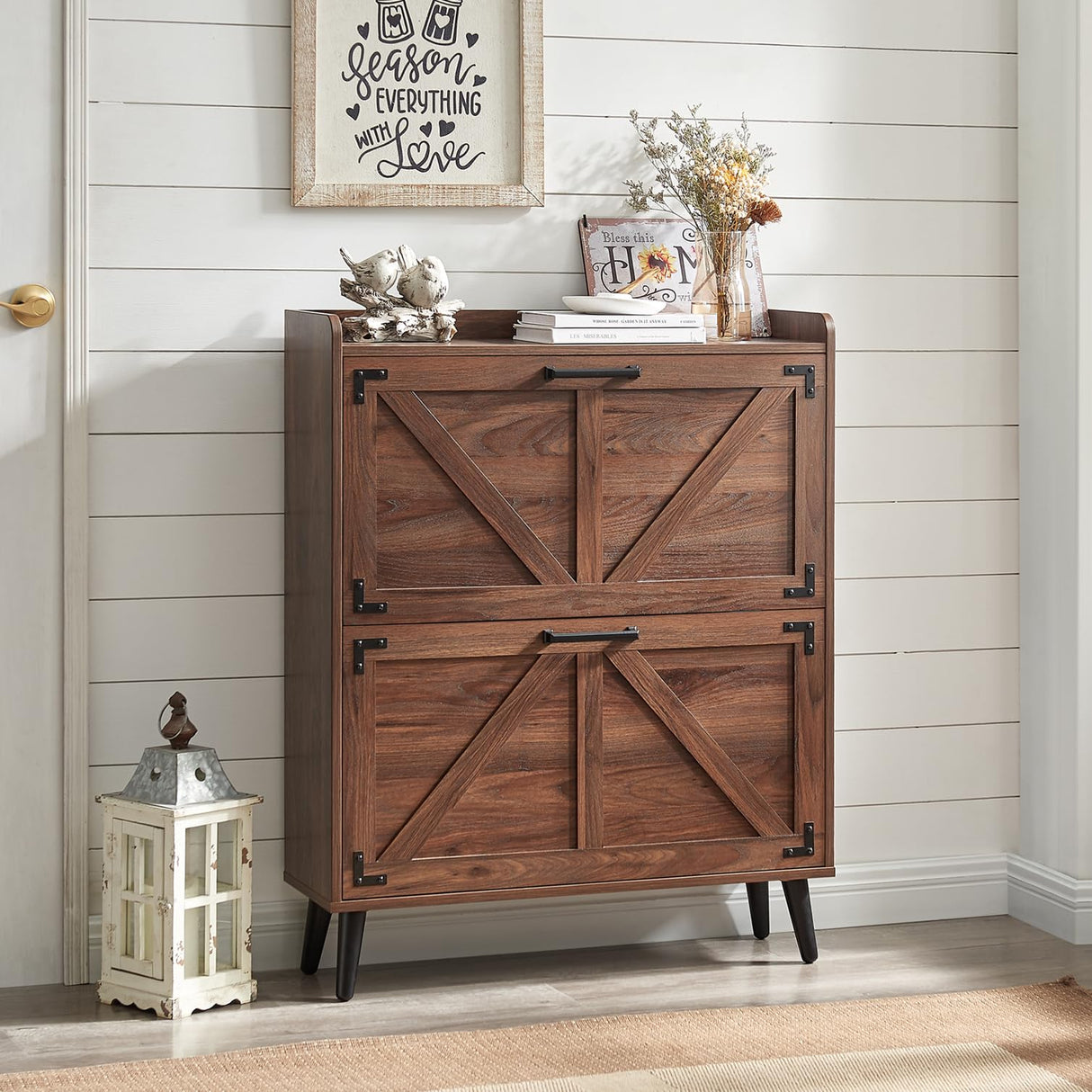 Barnyatoh Shoe Storage Cabinet with 2 Flip Drawers, Farmhouse Hidden Shoe Organizer, Narrow Slim Shoe Rack Cabinet for Entryway Hallway,Walnut Barnyatoh