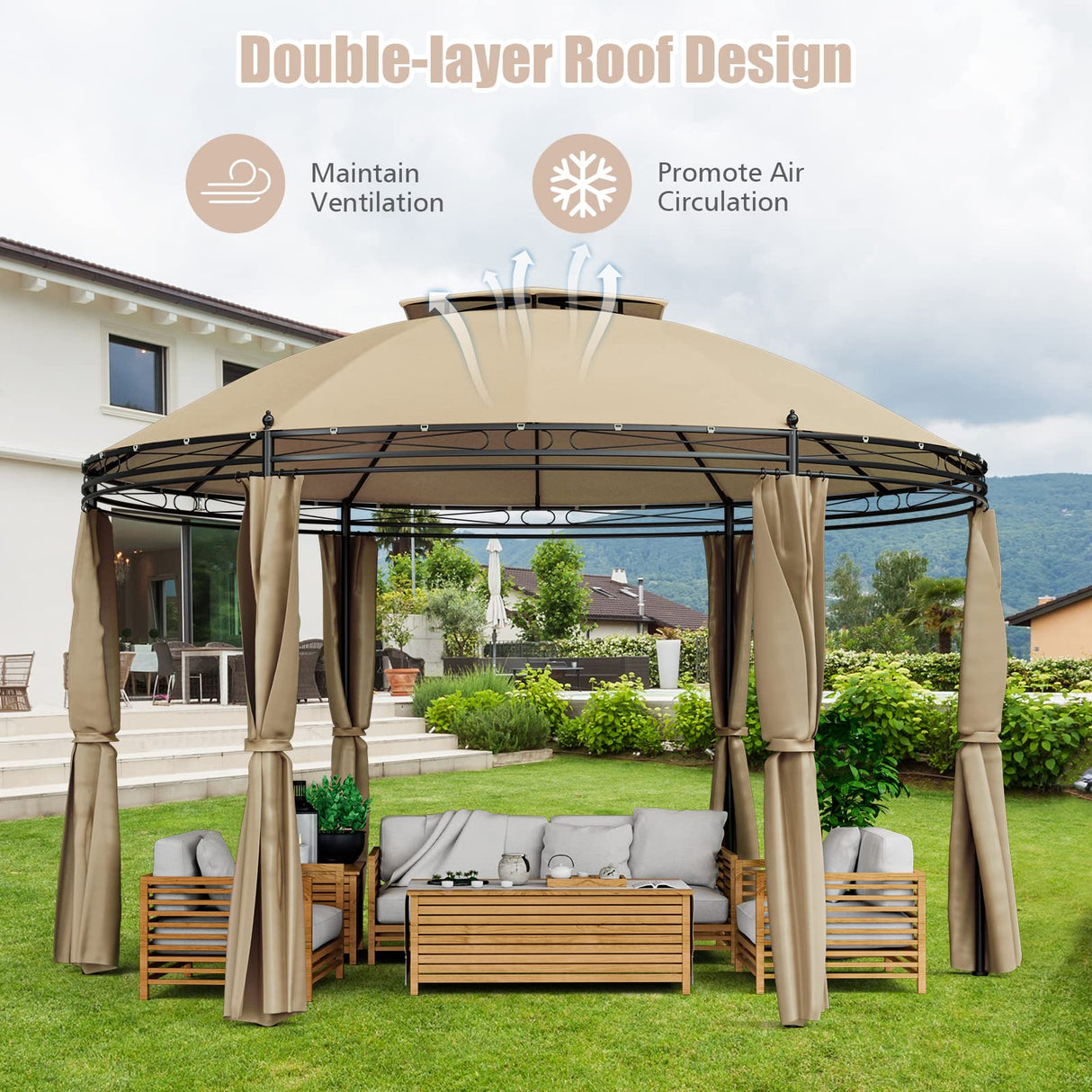 Tangkula 11.5x11.5 ft Round Patio Gazebo, 2-Tier Dome Gazebo with Removable Side Curtains, Heavy Duty Steel Frame, Outdoor Gazebo Pavilion for Tangkula