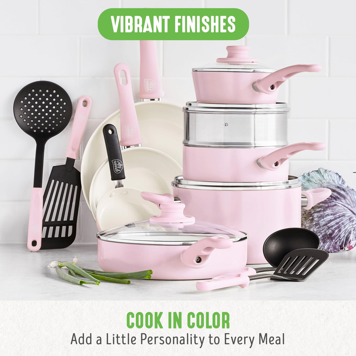 GreenLife Soft Grip 16 Piece Cookware Set, Non-Toxic PFAS-Free Ceramic Nonstick, Frying, Sauce, Saute, Utensils, Glass Lids, Stay-Cool Handles, Wobble Free, Dishwasher & Oven Safe, Soft Pink GreenLife