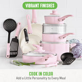 GreenLife Soft Grip 16 Piece Cookware Set, Non-Toxic PFAS-Free Ceramic Nonstick, Frying, Sauce, Saute, Utensils, Glass Lids, Stay-Cool Handles, Wobble Free, Dishwasher & Oven Safe, Soft Pink GreenLife