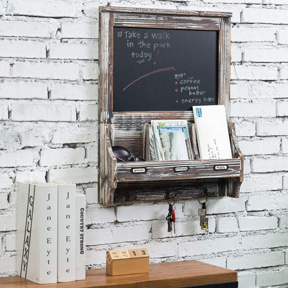 MyGift Wall Mounted Entryway Mail Holder and Key Organizer Rack in Rustic Torched Wood Finish with Decorative Chalkboard