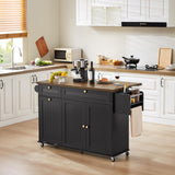 60" Kitchen Island with Power Outlet & Drop Leaf, Kitchen Rolling Island with Spice Rack & Towel Rack, Knife Holder, Kitchen Island Cart with Trash Storage Cabinet, Mobile Island Table for Kitchen ONBRILL