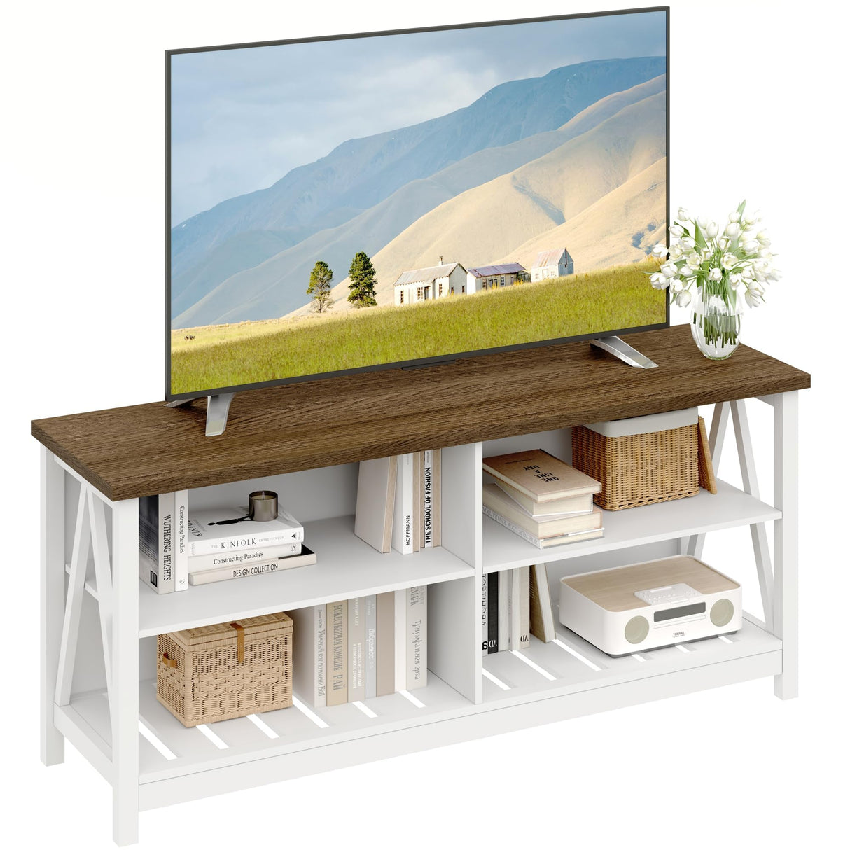 ChooChoo Farmhouse TV Stand for TVs up to 60 Inch, Modern Entertainment Center with 4 Open Shelves & Built-in Cable Holes, Media TV Console for Living Room, Bedroom, White ChooChoo