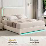 Full Bed Frame, Soft Teddy Fleece Upholstered Platform Bedframe with Thickened Rounded Corners Headboard Footboard, Modern Curved Shaped Cloud Bed Frame with LED Lights, No Box Spring Needed, Cream SIBEDS