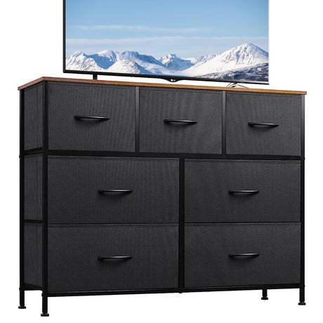 WLIVE Dresser TV Stand, Entertainment Center with Fabric Drawers, Media Console Table with Metal Frame and Wood Top for TV up to 45 inch, Chest of Drawers for Bedroom, Black and Rustic Brown WLIVE