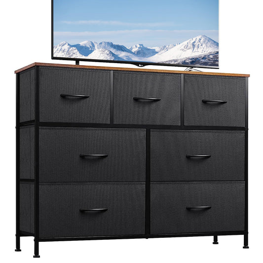 WLIVE Dresser TV Stand, Entertainment Center with Fabric Drawers, Media Console Table with Metal Frame and Wood Top for TV up to 45 inch, Chest of Drawers for Bedroom, Black and Rustic Brown