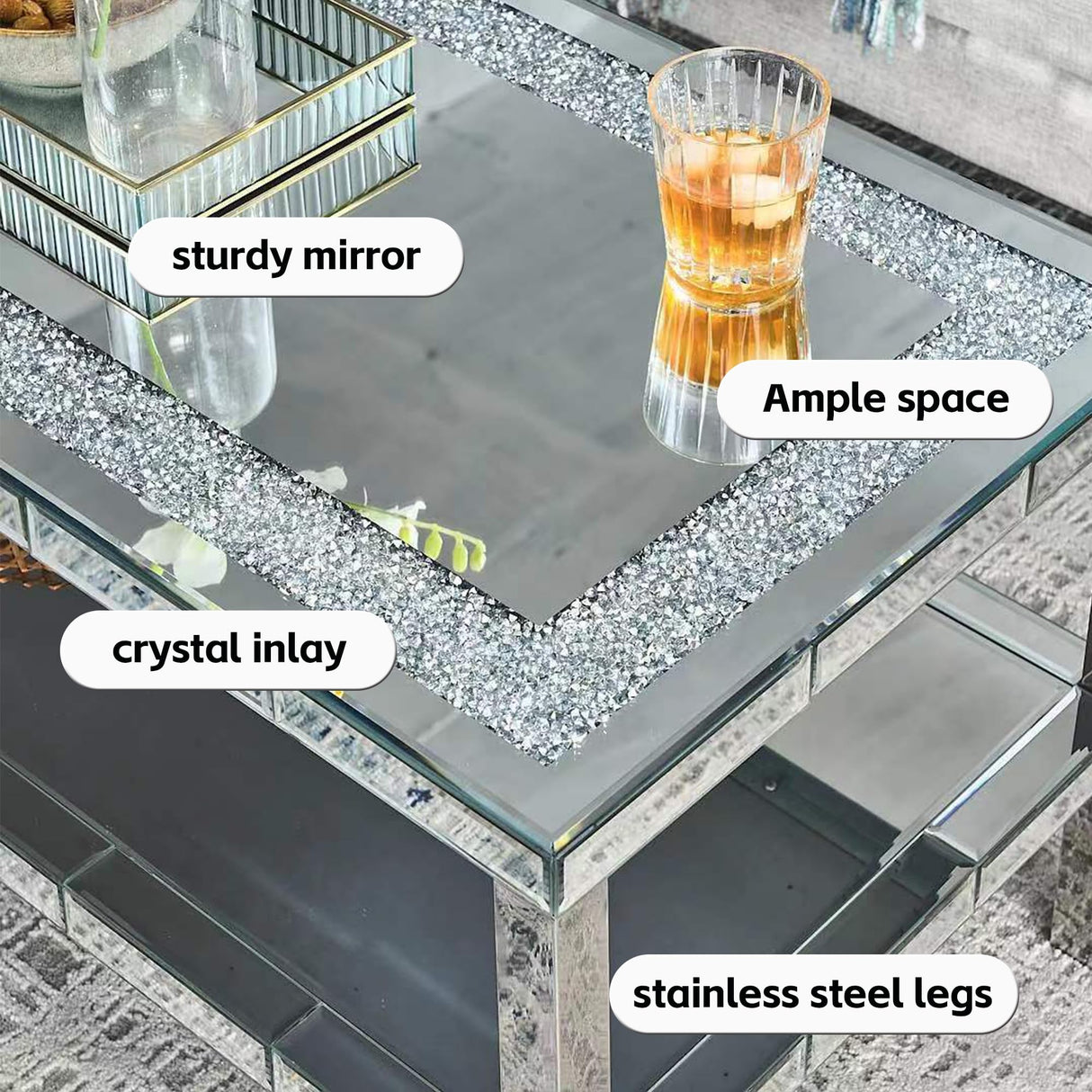 Olodumare Elegant 2 Tiers of Shiny Silver Mirrored Coffee Table, Crystals Inlay,and Stainless Steel Frame,Modern Rectangle Cocktail Table/End Table for Living Room and Kitchen, 35 Inches Olodumare