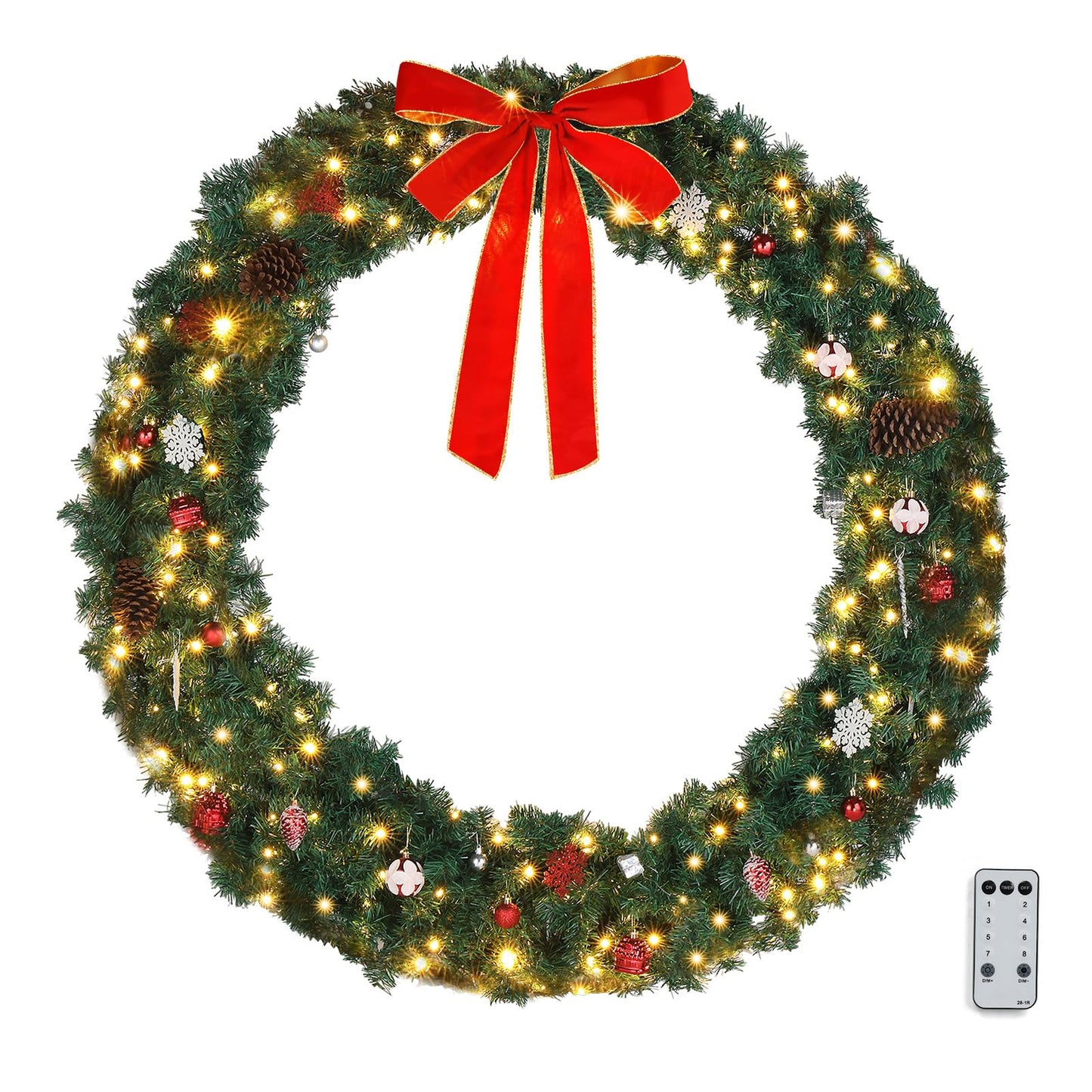 Outvita Christmas Artificial Wreath, 60" Pre-Lit Green PVC Wreath with LED Lights and Red Bow - Warm Holiday Accent Decoration for Office, House, Living Room, Mantel, Door - Power Plug-in