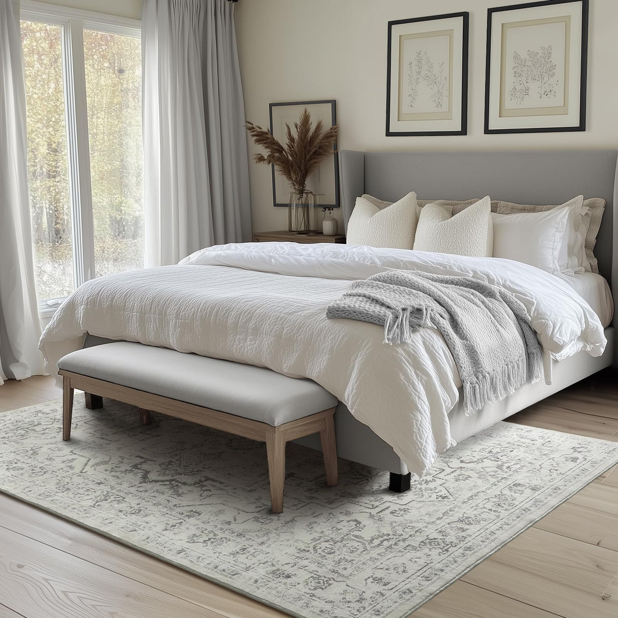 Jainmy Distressed Farmhouse 5x7 Area Rugs for Living Room Bedroom Non Slip Washable, Medallion Pattern Printed Low Pile Thin Carpet Rugs for Dining Room/Kitchen/Home Office, Off White/Grey Jainmy