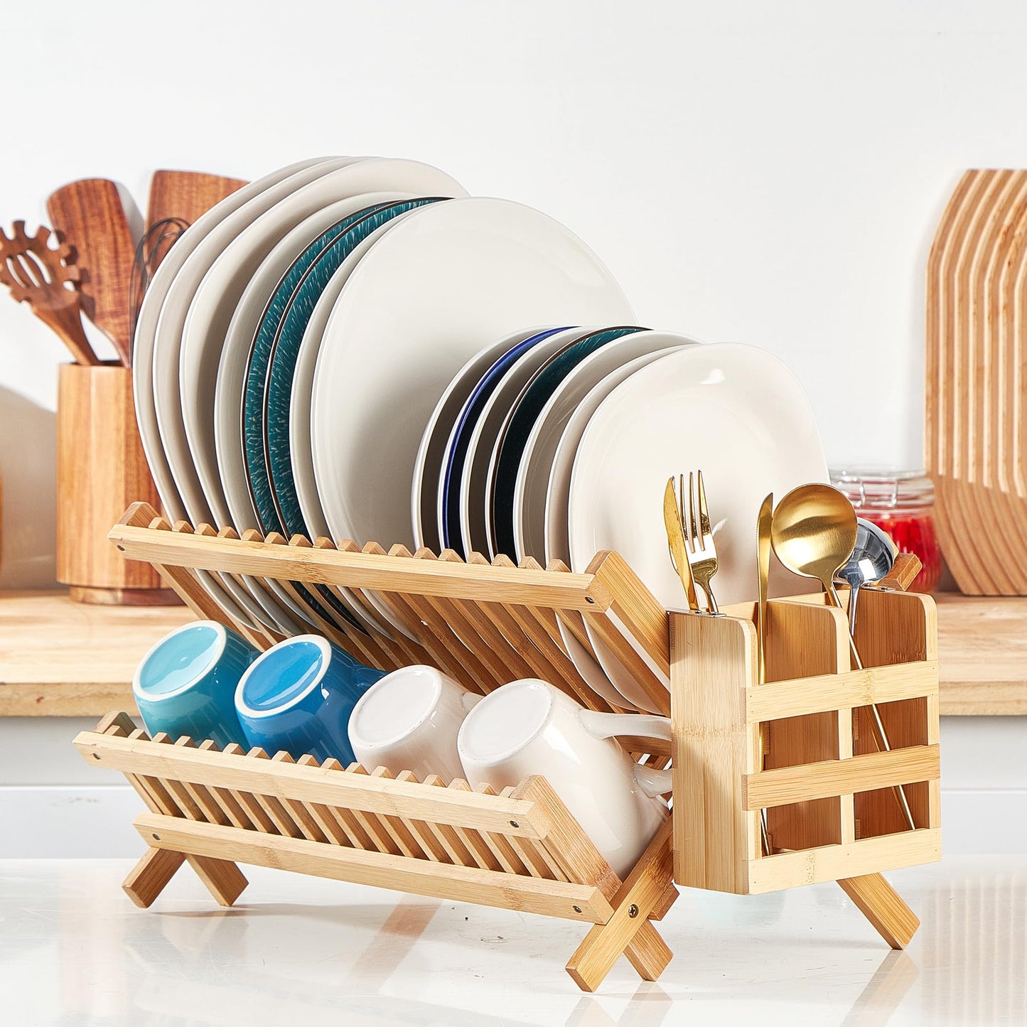 NOVAYEAH Bamboo Dish Drying Rack-2 Tier, Collapsible Small Dish Rack with Utensil Holder, Wooden Drying Rack for Kitchen Counter, Apartment Essentials Kitchen Plate Holder, Kitchen Organizati - WoodArtSupply