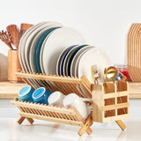 NOVAYEAH Bamboo Dish Drying Rack-2 Tier, Collapsible Small Dish Rack with Utensil Holder, Wooden Drying Rack for Kitchen Counter, Apartment Essentials Kitchen Plate Holder, Kitchen Organization NOVAYEAH