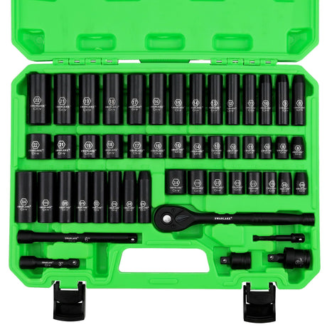 SWANLAKE 3/8" Drive Impact Socket Set, 50-Piece Standard SAE (5/16 to 3/4 inch) and Metric (8-22mm) Size, 6 Point, Cr-V, 3/8-Inch Ratchet Handle, Extension Bar, Universal Joint SWANLAKE GARDEN TOOLS