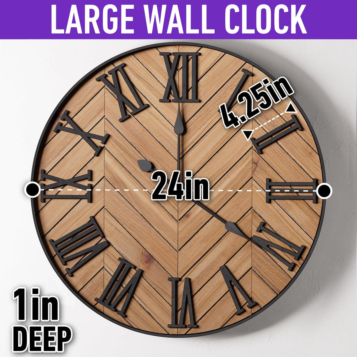 Large Wall Clock 24" Round - Silent Metal & Wood Large Clock - Farmhouse Wall Clock Large - 24 Inch Wall Clock For Living Room Decor - Big Wall Clock Roman Numerals - Wall Clocks For Living Room Decor HB Design Co.